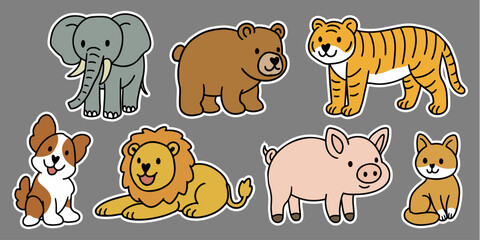 Obraz premium animal set cute lion dog puppy elephant bear tiger pig pork cat squirrel duck rabbit bunny hare chicken rooster sticker