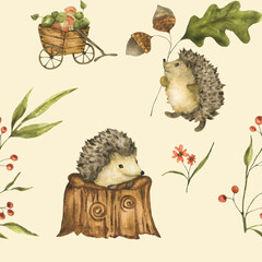 Cute hand-drawn watercolor forest pattern of a hedgehog and a snail with an oak leaf on a stump, a flower, mushrooms, and acorns in a forest nature setting