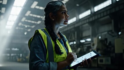 Woman inspects tablet in factory. Industrial worker uses touchscreen for inspection task. Engineer reviews manufacturing information on tablet in warehouse. Vest and safety protocol visible during - Powered by Adobe