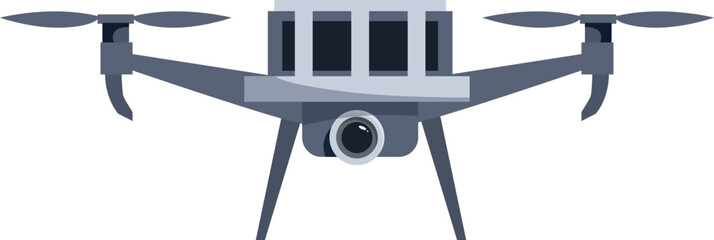 Grey quadcopter drone with camera, hovering and recording
