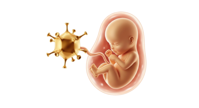 Isolated depiction of developing human fetus with viral infection in uterus during pregnancy