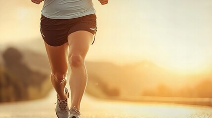 Runners legs in motion at sunset, wearing athletic shorts and running shoes, golden light highlighting muscle definition and stride power.