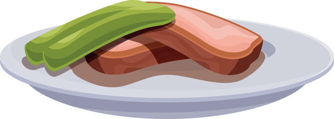 Obraz premium Two slices of meatloaf served with green beans, presented on a white plate, embodying a classic comfort food meal