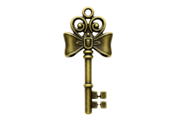 Antique brass key with bow isolated on transparent background, vintage ornate key PNG for scrapbooking and design
