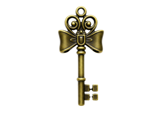 Antique brass key with bow isolated on transparent background, vintage ornate key PNG for scrapbooking and design - Powered by Adobe