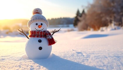 Obraz premium Adorable snowman in snow with hat, scarf, and twig arms on sunny day