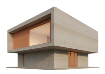 Modern concrete house isolated on transparent background, minimalist architecture with large windows and clean lines, contemporary design