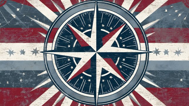 Vintage nautical compass rose with distressed American flag background, patriotic vector illustration for design.
