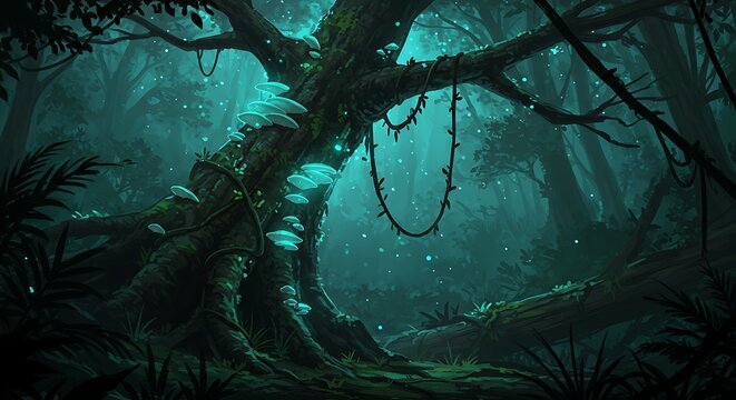 Fantasy Forest with Glowing Mushrooms