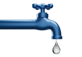 Blue faucet with water drop isolated PNG, water conservation concept for plumbing and hygiene themes on transparent background