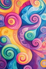 Colorful painting with swirls and circles in various shades of blue, green