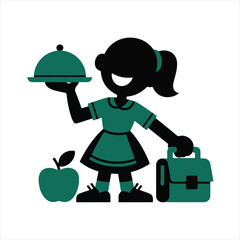Cheerful Lunch Lady Silhouette Holding Cafeteria Tray – School Cafeteria Illustration