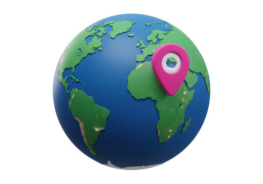 3D globe with pink location pin isolated on transparent background, world map PNG for travel and geography concepts