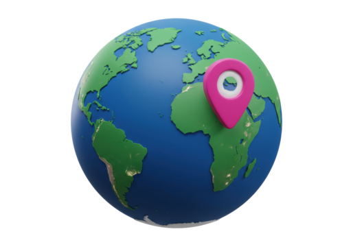 3D globe with pink location pin isolated on transparent background, world map PNG for travel and geography concepts - Powered by Adobe
