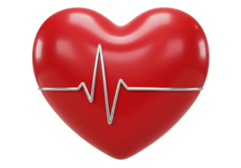 Red heart with heartbeat line isolated on transparent background, medical symbol for health and cardiology