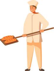 Professional baker holding a wooden peel with two loaves of freshly baked bread, showcasing the art of traditional baking