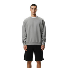 Fototapeta premium Young in Grey Crewneck Sweatshirt and Black Shorts, Standing in Studio on Isolated transparent background, Casual Sportswear Fashion. PNG Without Background