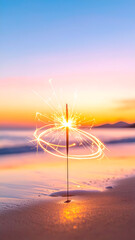 Long Exposure of a Burning Sparkler on a Sandy Shore During a Colorful Sunset.
