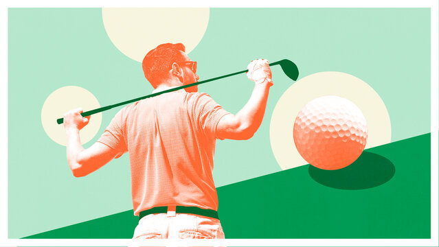 Surreal collage art. Golfer with club on shoulder looking at giant ball on abstract background. Concept of strategy, focus, lifestyle branding, success and luxury sports metaphor.