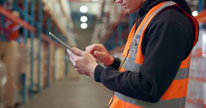 Tablet, man and hands of logistics worker in warehouse for networking, email or contact for online order. Digital technology, typing and supply chain manager with communication on distribution.
