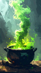 Mystical Cauldron Brewing Green Smoke, Fantasy Potion, Magic.