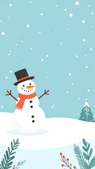 Charming Snowman in Winter Wonderland with Falling Snow and Pine Trees.