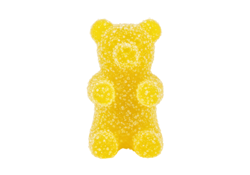 Yellow gummy bear isolated on transparent background, sweet candy treat for kids and adults, sugary confectionery