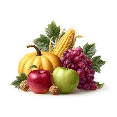  Vibrant Autumn Harvest Still Life with Pumpkin Corn Apples Grapes Walnuts and Fresh Green Leaves