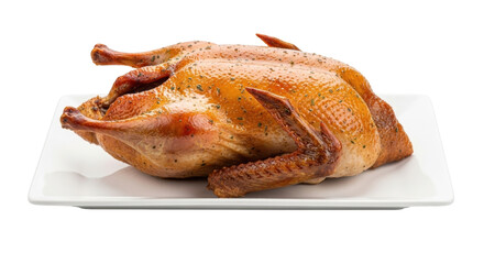 Isolated roast chicken on platter prepared for Thanksgiving holiday feast celebration