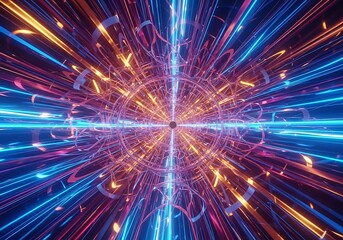 Obraz premium Abstract depiction of radiant neon light bursts in a tunnel effect