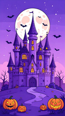 Halloween Castle Under Full Moon with Pumpkins and Bats.