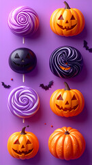 Halloween themed lollipops and pumpkins on a vibrant purple background with bats.