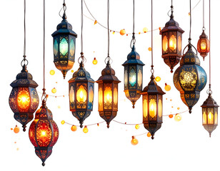 A beautiful collection of hanging illuminated Ramadan lanterns.