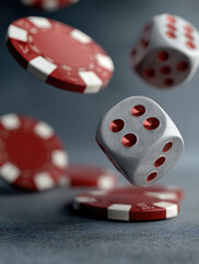 Falling dice poker chip gambling casino red white luck risk chance excitement create dynamic gaming atmosphere