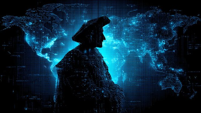 Digital portrait of historical explorer overlaid on glowing world map, data visualization concept