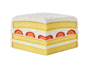 Delicious square strawberry shortcake isolated on transparent background, layered sponge cake with cream and fresh strawberries for dessert