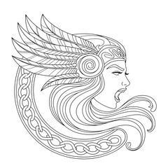 Viking woman warrior profile with feathers and celtic knot design