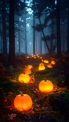 Enchanted Forest Path - Glowing Pumpkins Illuminate a Mystical Halloween Night.