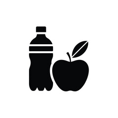 Black silhouette of a water bottle and a fresh apple