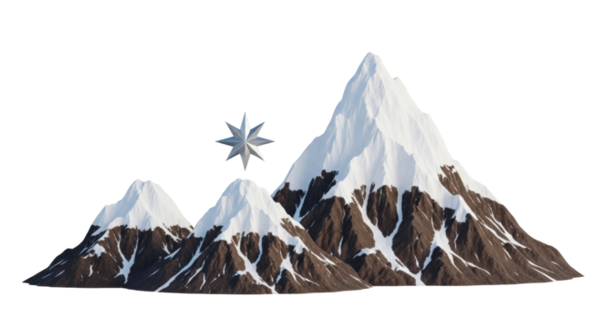 Isolated illustration of mountains with a star, snow capped peaks and rocky terrain