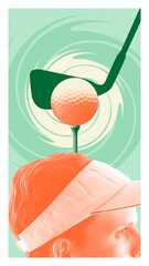 Close-up surreal composition of golf ball on tee above golfer head. Concept of precision, focus, training strategy, luxury lifestyle and golf as metaphor for achievement in business.