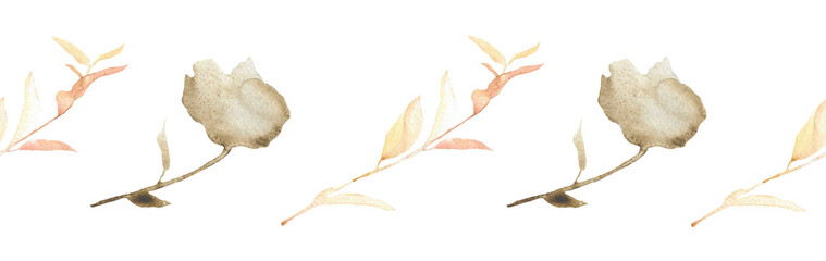 Flower and leaves border on a white background. Hand-drawn illustration. Perfect for autumn.