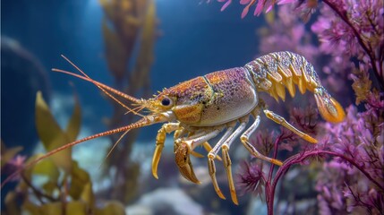 Colorful Freshwater Crawfish Swimming Among Vibrant Aquatic Plants Underwater in a Clear Blue Environment