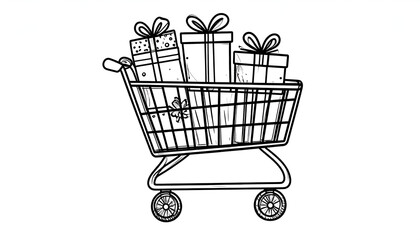 Hand drawn sketch of a shopping cart filled with gift boxes and presents.