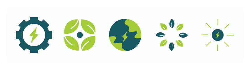 Minimalist vector illustration featuring eco icons such as a gear, earth, leaf, and sun, symbolizing sustainable technology, nature, and clean energy.