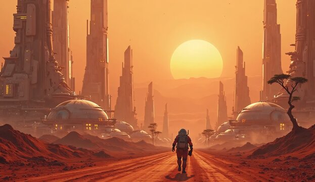 Lone Astronaut Walking Towards a Futuristic Martian City at Sunset mars future
