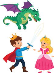 Cartoon prince, princess, and flying dragon in fantasy scene, magical adventure, fairy tale illustration, kids story, heroic moment, colorful art