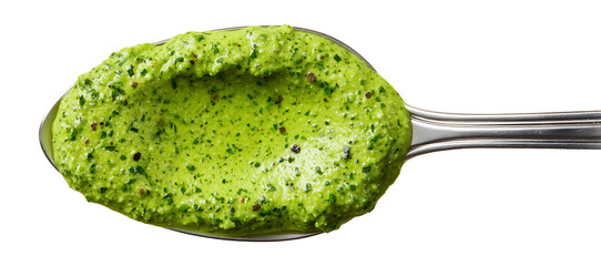 isolated spoon with pesto sauce