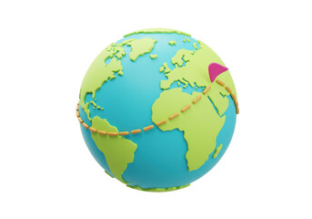 Cartoon globe with travel route isolated PNG, world map with destination pin and dotted line for travel planning and tourism concept