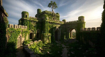 Obraz premium Explore the ancient overgrown castle ruins with nature reclaiming the architecture and history today now